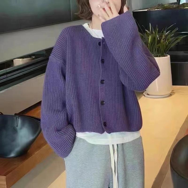 Short solid color knitted sweater jacket for women's autumn and winter new loose and simple round neck knitted cardigan for women