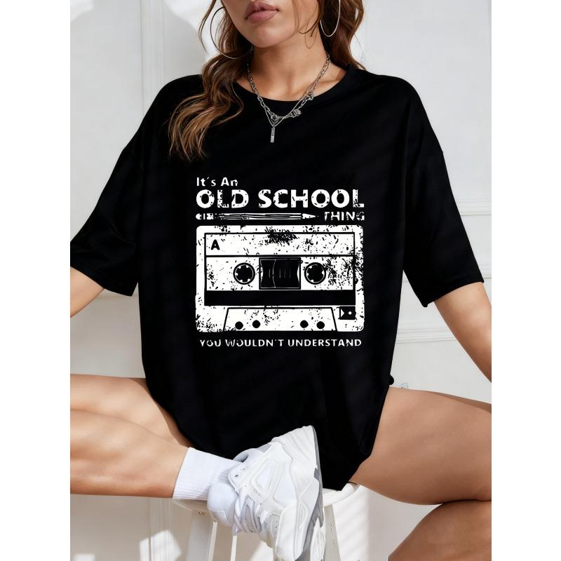 White Oversized T-Shirt With Old School Cassette Tape Graphic And Text For Casual Wear