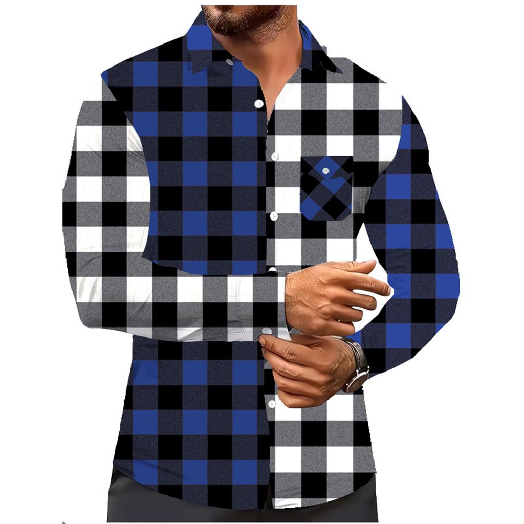 Men's Color Blocking Plaid Trendy Fashion Loose Drop Shoulder Lapel Long Sleeve Shirt