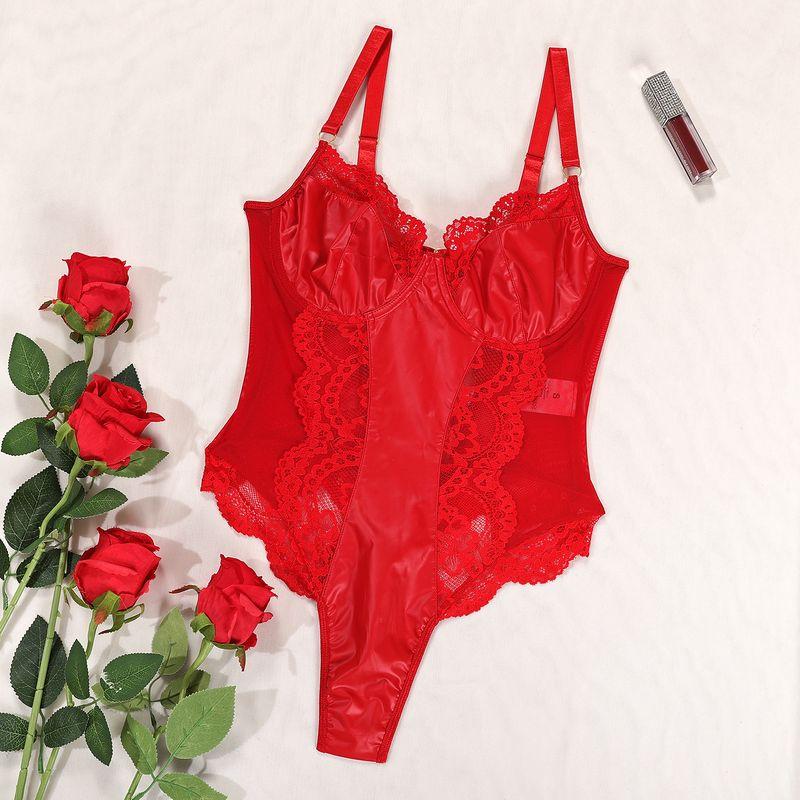 

Модный ретро женский комбинезон из искусственной кожи с кружевными вставками, с вырезами, сексуальный, облегающий, треугольный, на бретелях-спагетти, топ-майка Red L