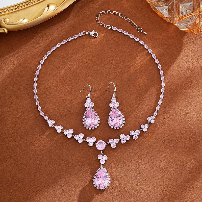 French Zirconia Water Drop Earring & Necklace Set - Elegant, Retro Clavicle Chain for a High-End Look розовый