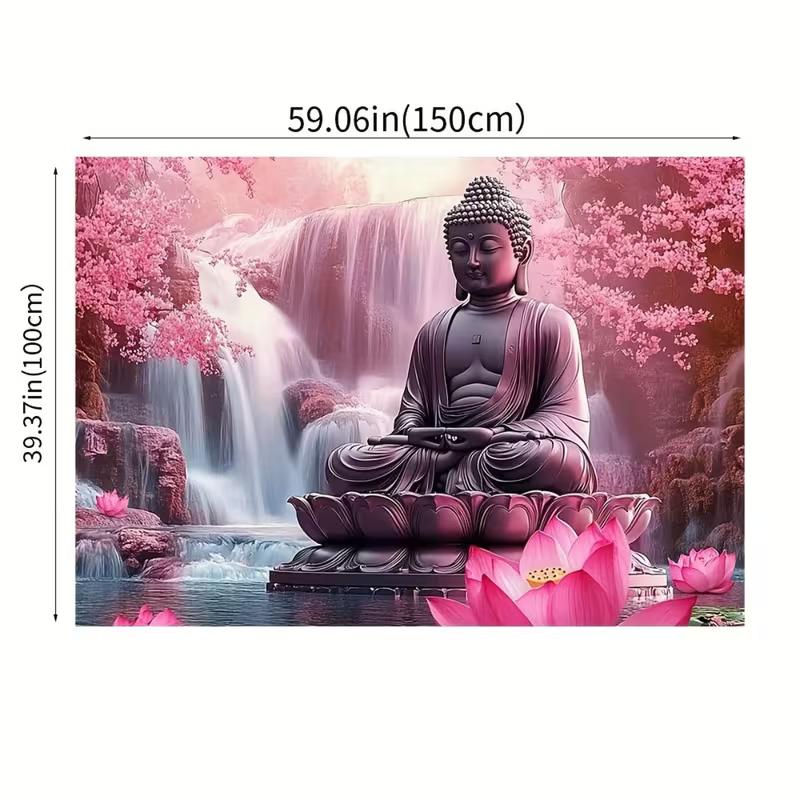 2D Buddha Meditation Backdrop, Pink Lotus & Cherry Blossom Nature Background