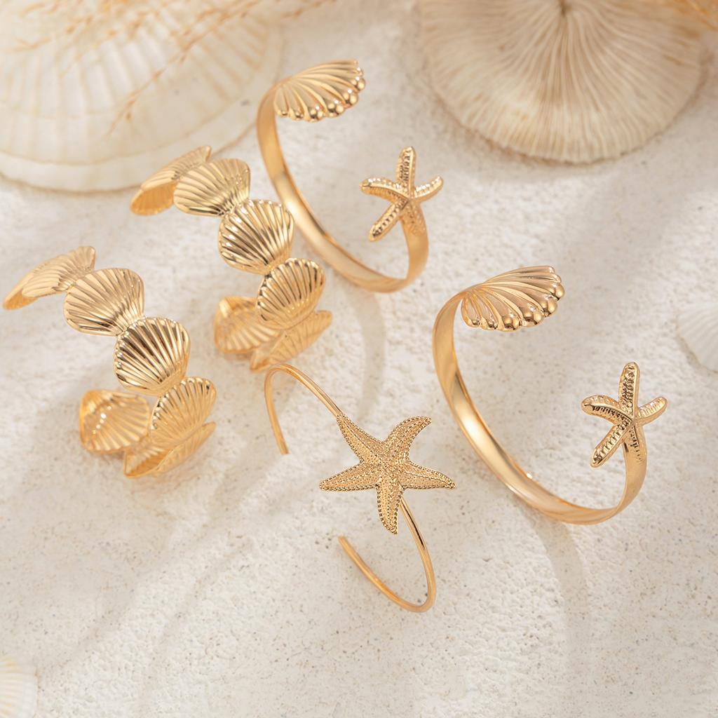 Ingemark 12Pcs/Set Punk Starfish Scallop Open Cuff Bangles Adjustable Rings for Women Boho  Armband Bracelets Summer Jewelry Set