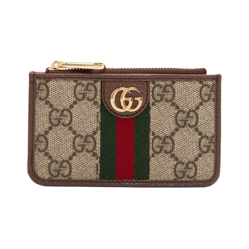 Gucci Ophidia Presbyopia Logo Pruhovaný Web Plátno Záplata Kožený Držák na Karty Držák na Karty Unisex Párový Styl Ebenové Dřevo/Hnědá