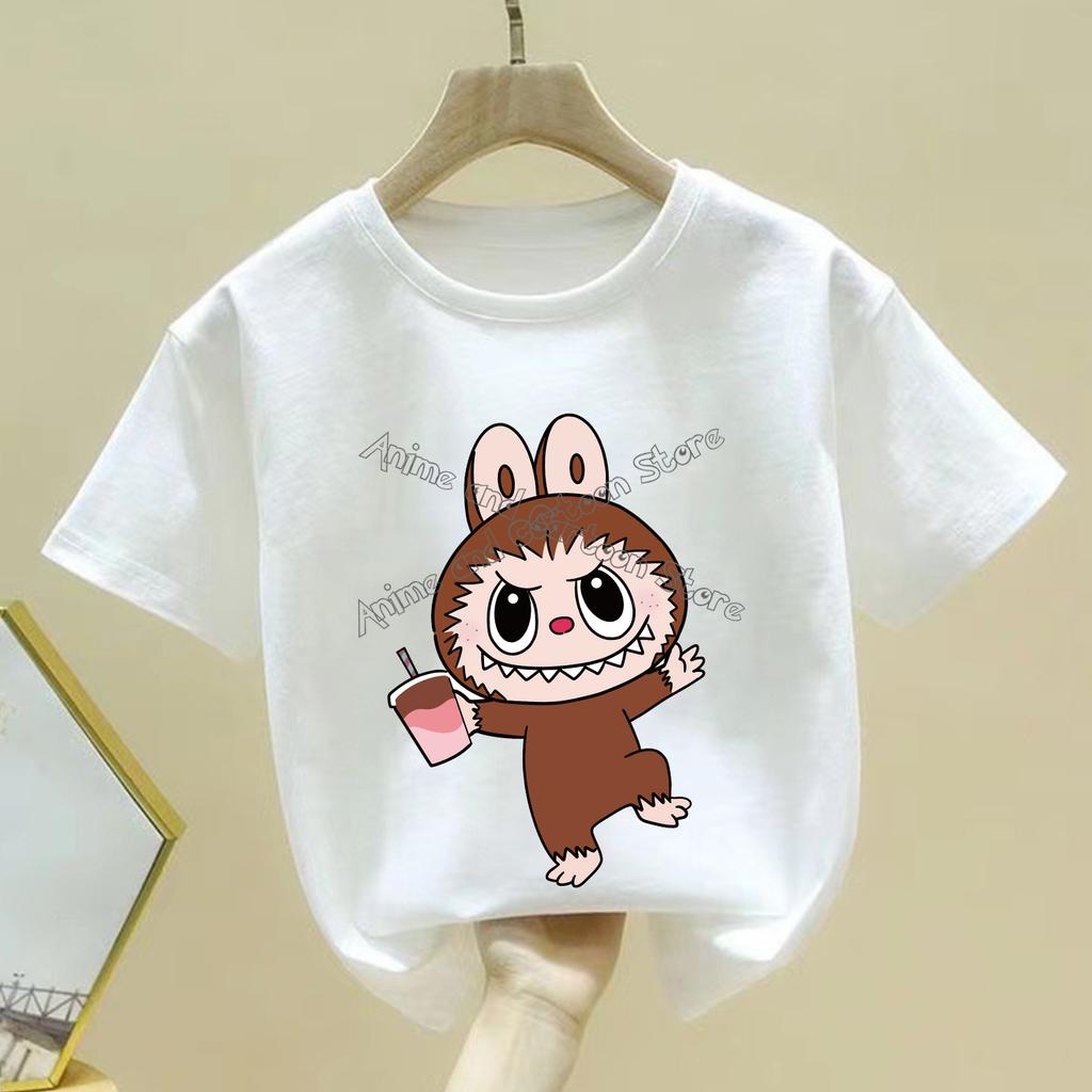 Fashion Labubu White Children's T-shirt Cute Cartoon Girl Round Neck Short Sleeved Clothes New Comfortable Loose Children's Top