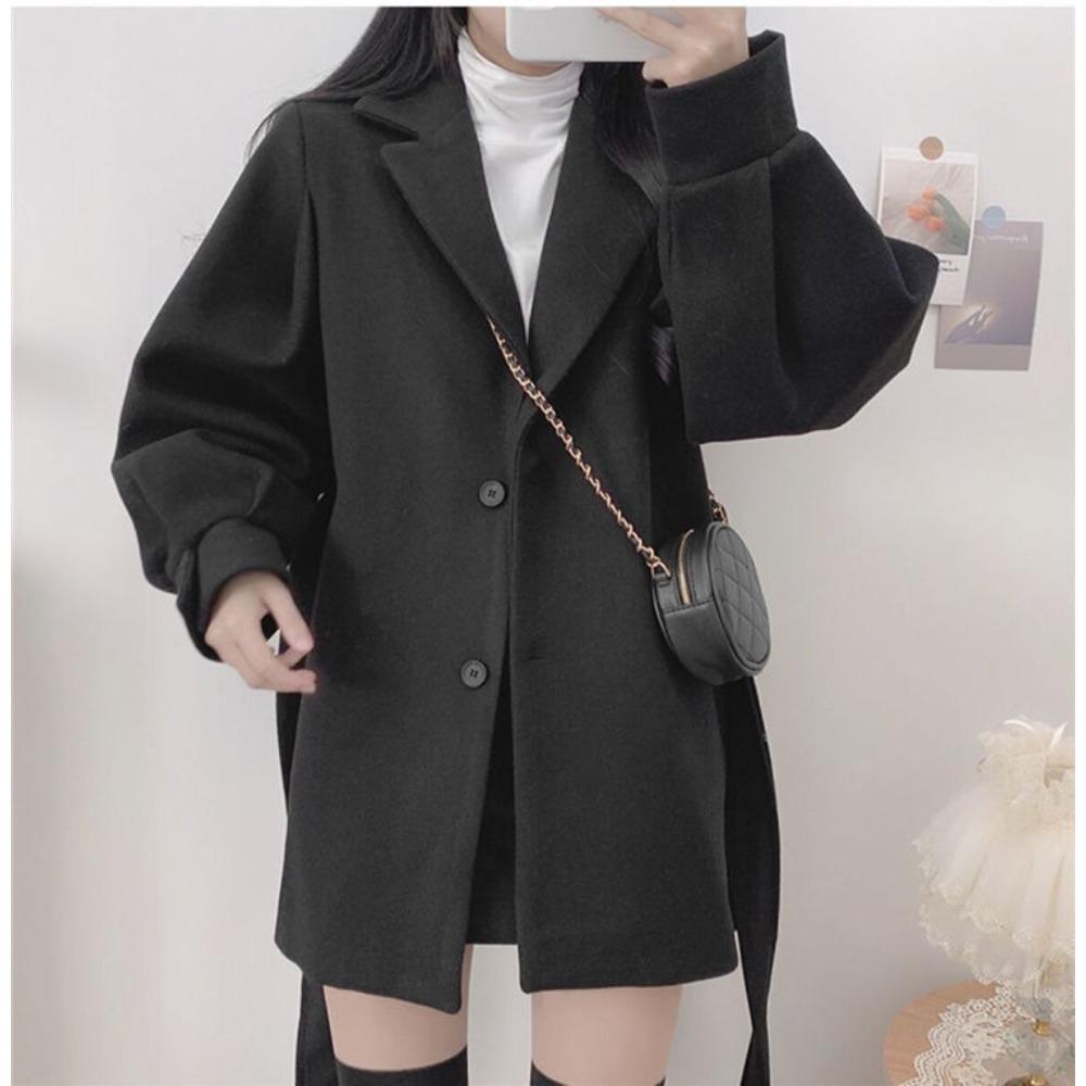 Turndown Collar Trench Women Coat Windbreaker Fitted Clothes Femme Loose Cloak Woolen Single-breasted Coat Outwear