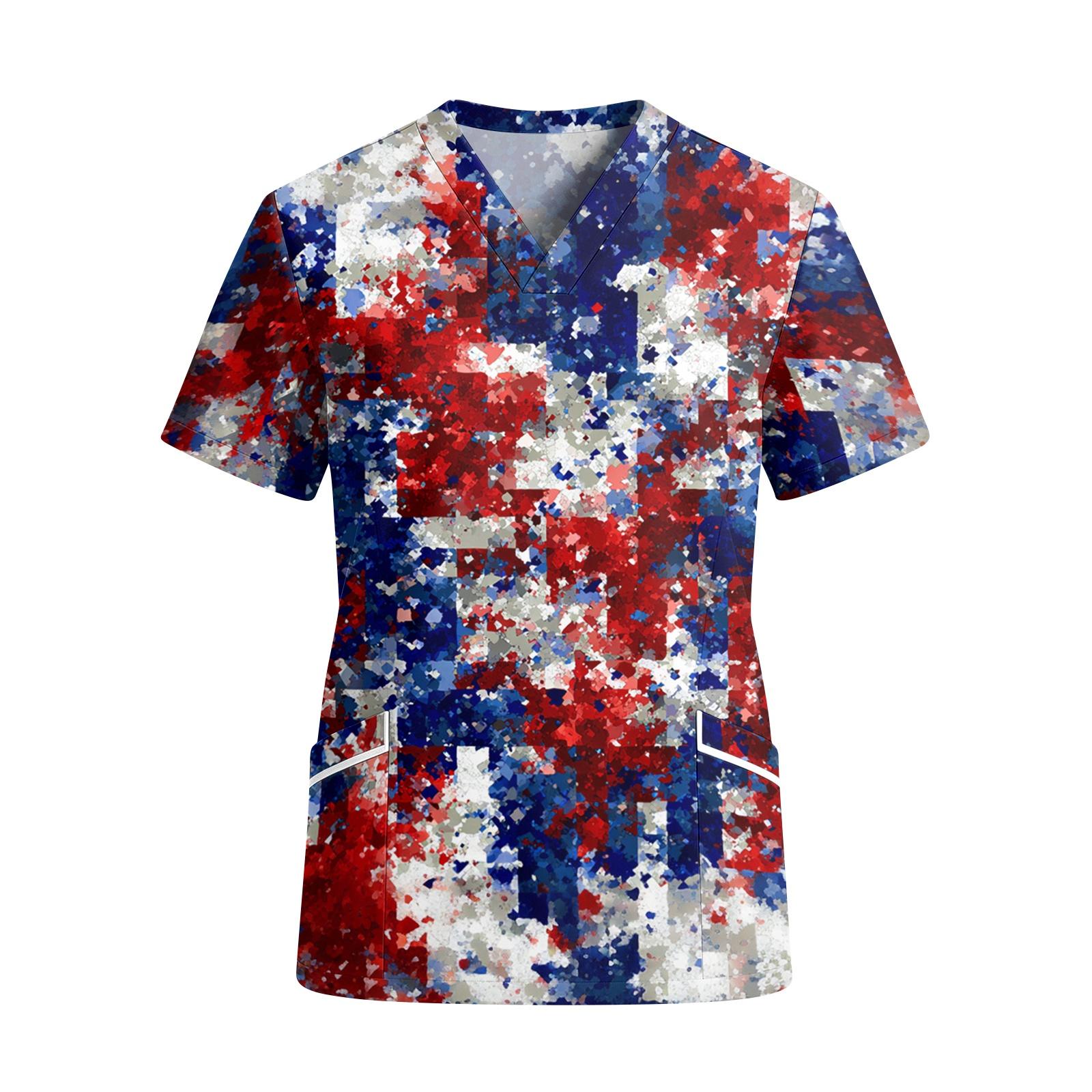 

Women s V Neck Short Sleeve Work Shirt with Pockets Independence Day Star Print Medical Uniform Top for Healthcare Professionals XXL синій