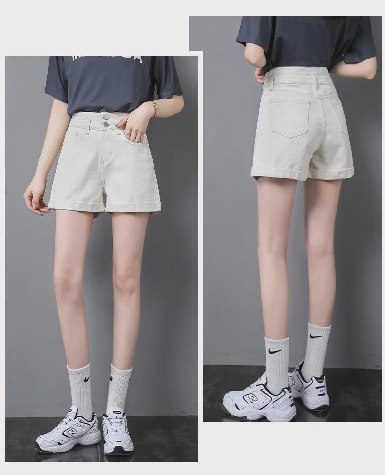 Women's High-Waist A-Line Denim Shorts - Summer Thin Style, Double Button, Loose Fit, Rolled Hem, Versatile & Slimming.