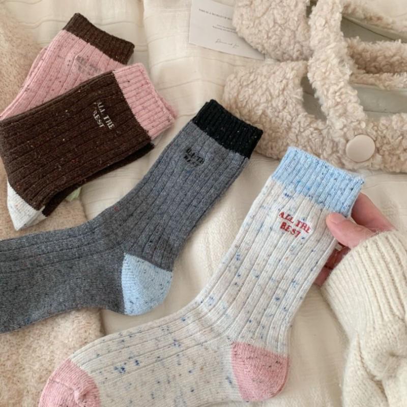 Korean Style Colorblock Thick Wool Blend Socks Women Warm Seamless Mid-Calf Crew Winter