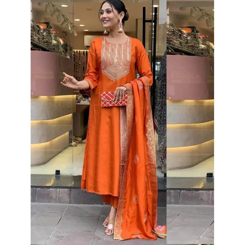 Indian Silk Blend Salwar Kameez Bollywood Wedding Wear Kurta Pant Dupatta Set
