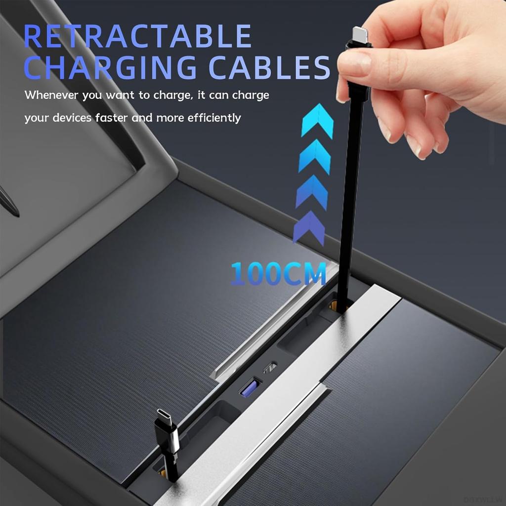 USB Hub For Tesla Model Y Juniper 2025 2026 Model 3 Highland 2024 2025 With Sliding Cover, 119W Dual Type-C Retractable Cables Multi Ports Fast