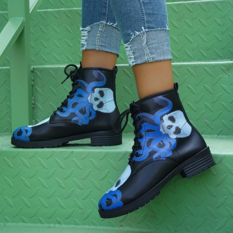 

Новые зимние женские кожаные ботинки с принтом в готическом стиле, на толстой подошве, на танкетке, ботинки Мартин, женские ботинки 43 синий