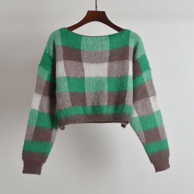 New Arrival Color-Contrast Check Crew Neck Pullover Sweater Knitwear Women's Clothing Autumn and Winter Loose Long-Sleeved Versatile Top Fashion