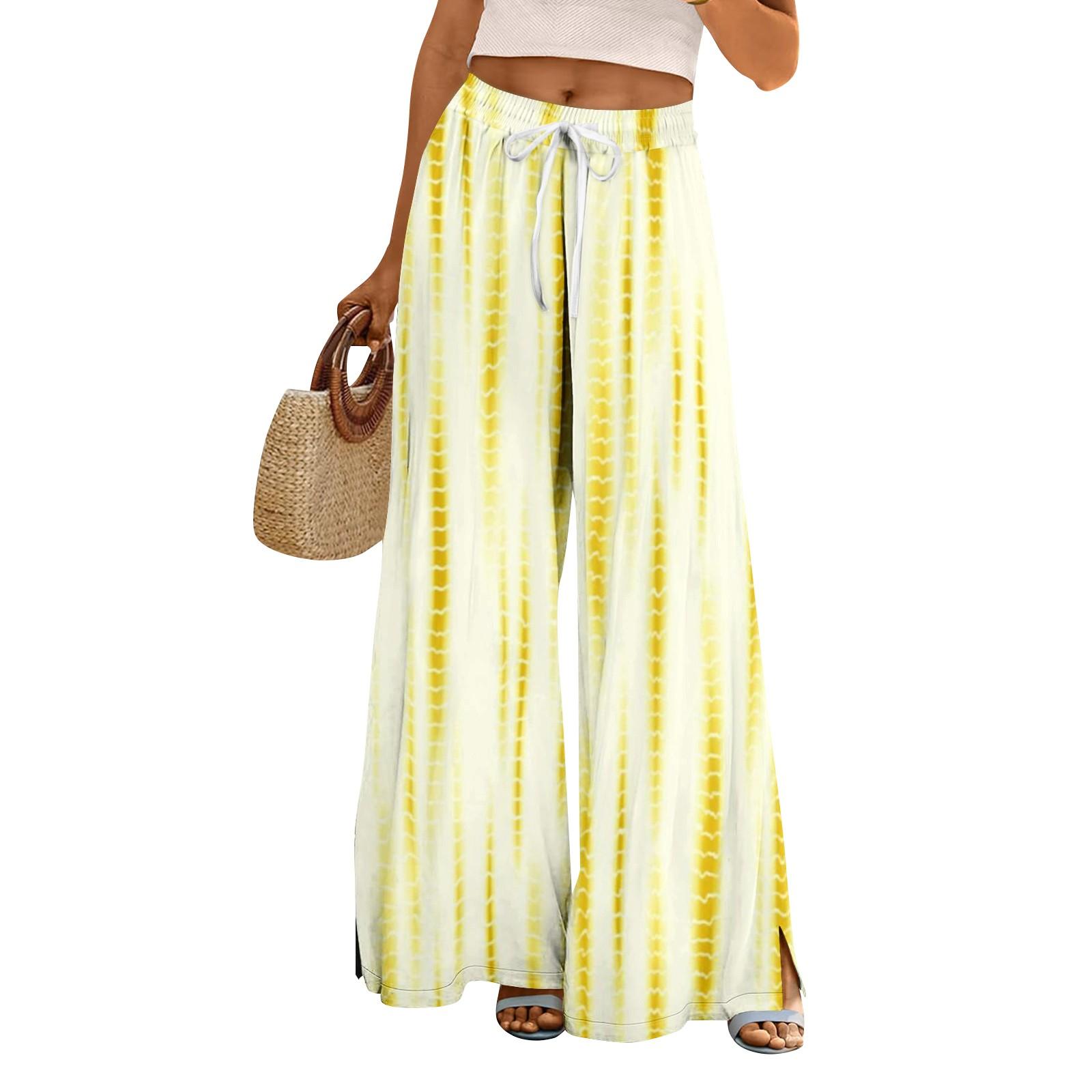 

Женские летние брюки-палаццо в стиле бохо с высокой талией, широкие повседневные брюки с цветочным принтом и карманами XL шафрановый