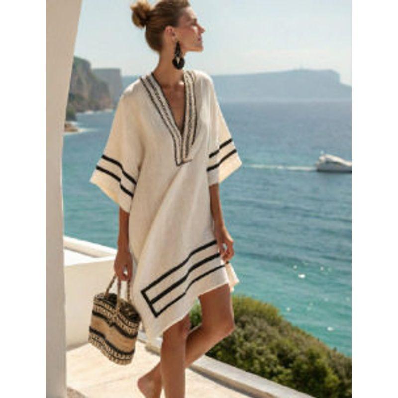 New Amazon Women's Clothing Super Fairy V-Neck Dress Seaside Vacation Beach Dress Printed Loose Mid-Length Dress