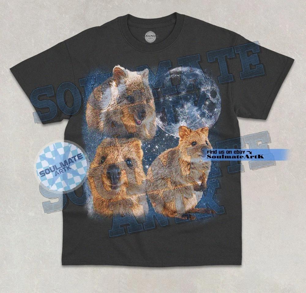 Three Quokkas Moon T-Shirt Cute Happy Animal Moon Parody Graphic Unisex Shirt 2XL