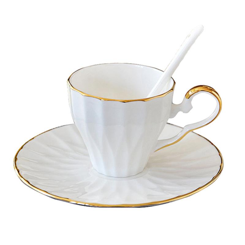 White Bone China Coffee Cup and Saucer, Lightweight Porcelain Espresso Cups with Gold Trim,Ceramic Tea Cup Coffee Mug,1 Set