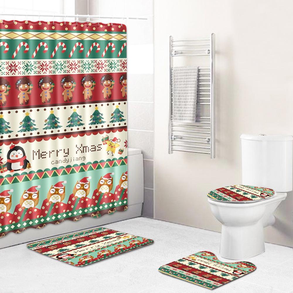 3D Digital Printing Christmas Waterproof Shower Curtain Four-Piece Bathroom Non-Slip Door Mat Toilet Absorbent Floor Mat Carpet