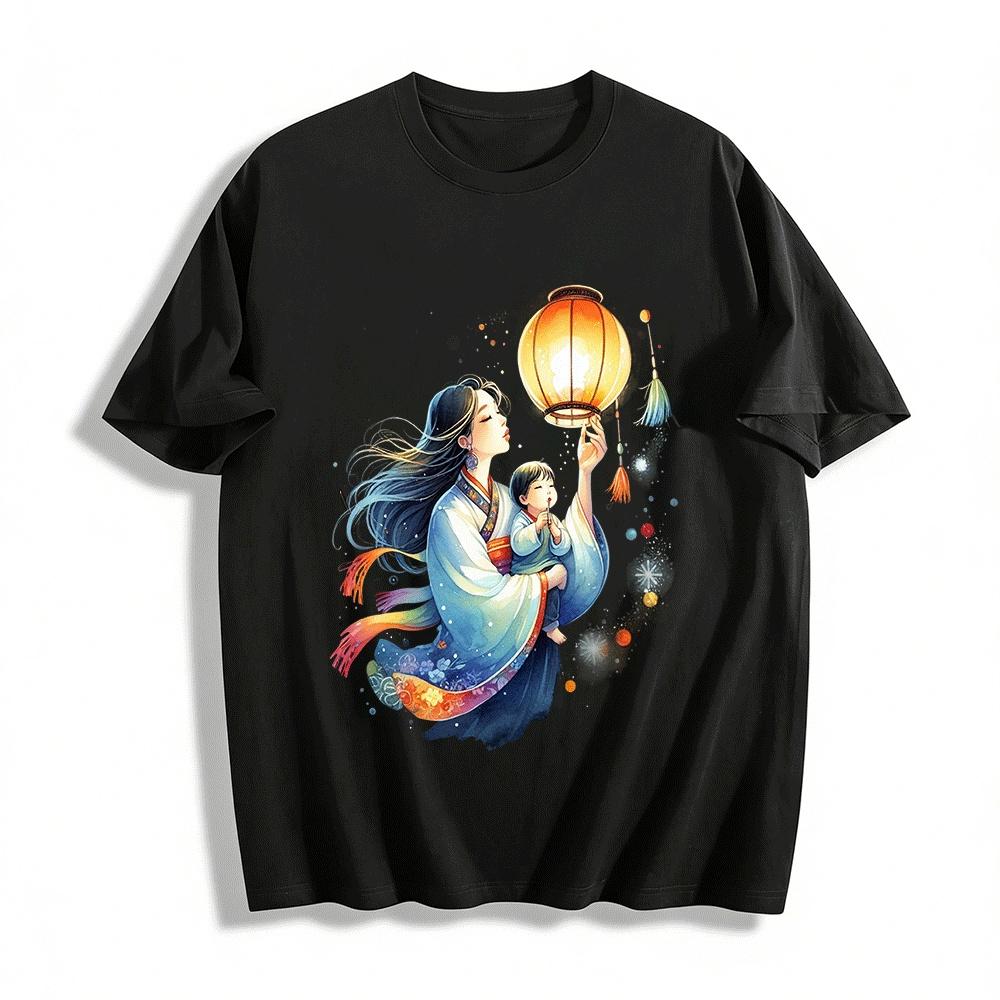 Warm Lantern Mother And Child Chinese Style Printed Family Wear Pure cotton T-shirt XXS