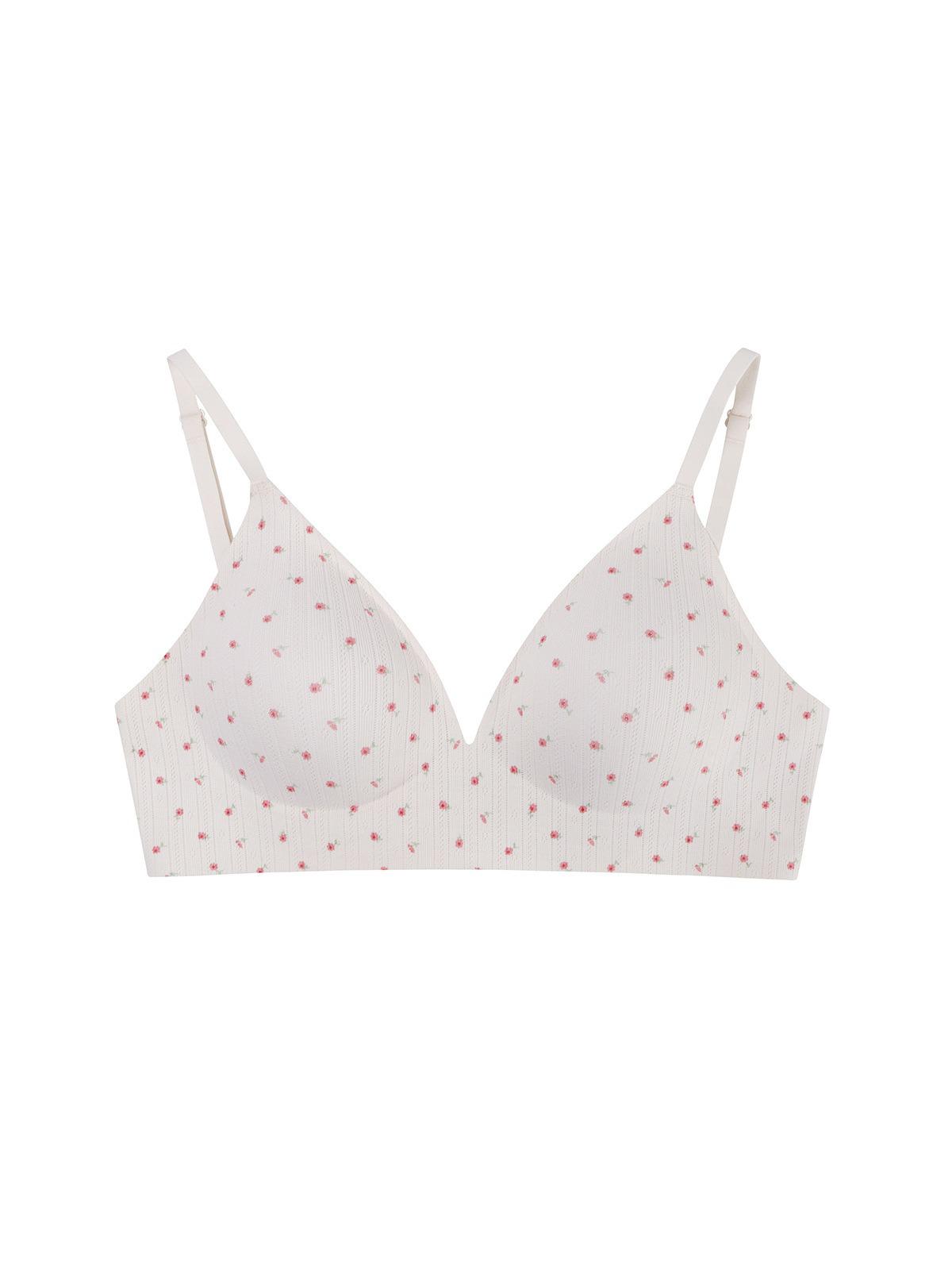Floral Ribbed Cotton Tri-Cup Bra - Anti-Sag, Comfortable, Beautiful Back Design