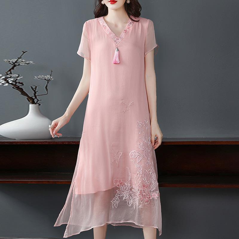 Chinese Style Embroidered Dress Summer Women Slim-Fitting Vintage Design with V-Neck A-Line Cheongsam Dress