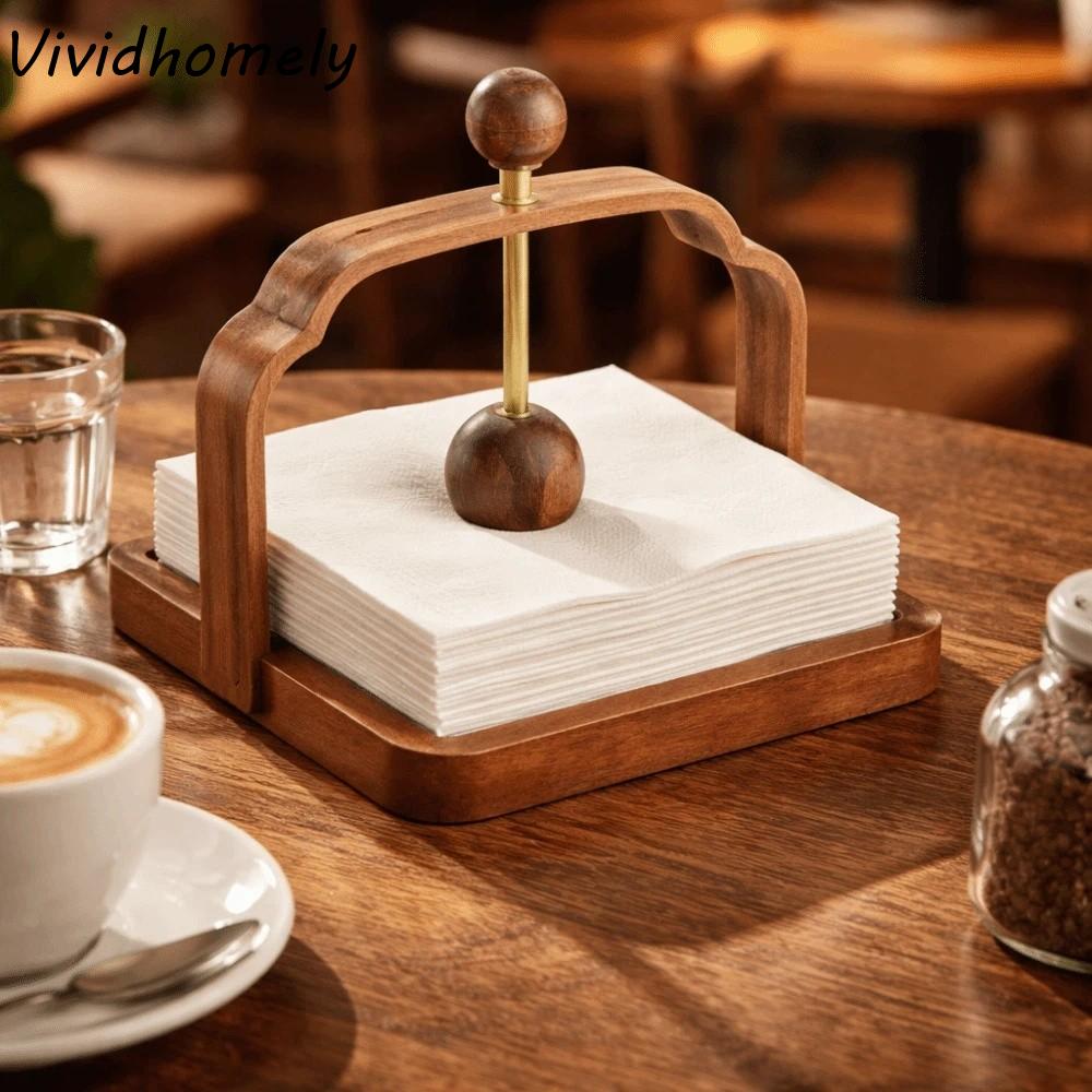 Napkin Stand Retro Walnut Wood Napkin Holder Square Decorative Tabletop Tissue Holder Chinese Style Napkin Dispenser Restaurant