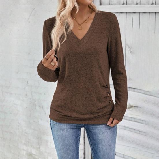 Women Tops V-Neck Long Sleeve Side Buttons Decor Casual Pullover Tops Solid Color Spring Autumn Blouse