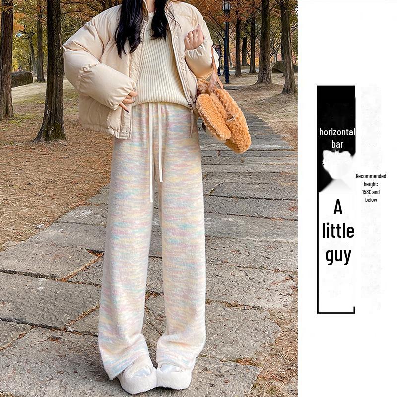 "Rainbow Velvet Wide-Leg Glutinous Rice Pants: Women's High-Waisted, Soft, Knitted, Casual Drape Trousers for Autumn/Winter"