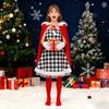 Weihnachtskostüm für Frauen Mädchen Kariertes Kleid mit rotem Samtumhang Strümpfe Handschuhe Set Weihnachtself Cosplay Outfit