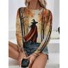 Round Neck 3D Witch Printed Top Casual Long Sleeved Women's T-shirts - Soft Medium Stretch Polyester Fabric Spring and Autumn Relaxed Fit Clothing