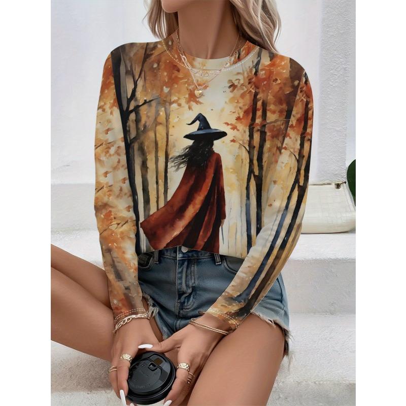 Round Neck 3D Witch Printed Top Casual Long Sleeved Women's T-shirts - Soft Medium Stretch Polyester Fabric Spring and Autumn Relaxed Fit Clothing
