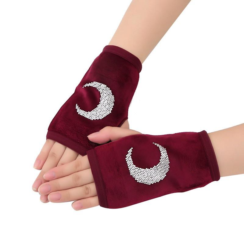 Womens Mens Faux Suede Half Finger Gloves Winter Warm Flip Top With Rhinestones Students
