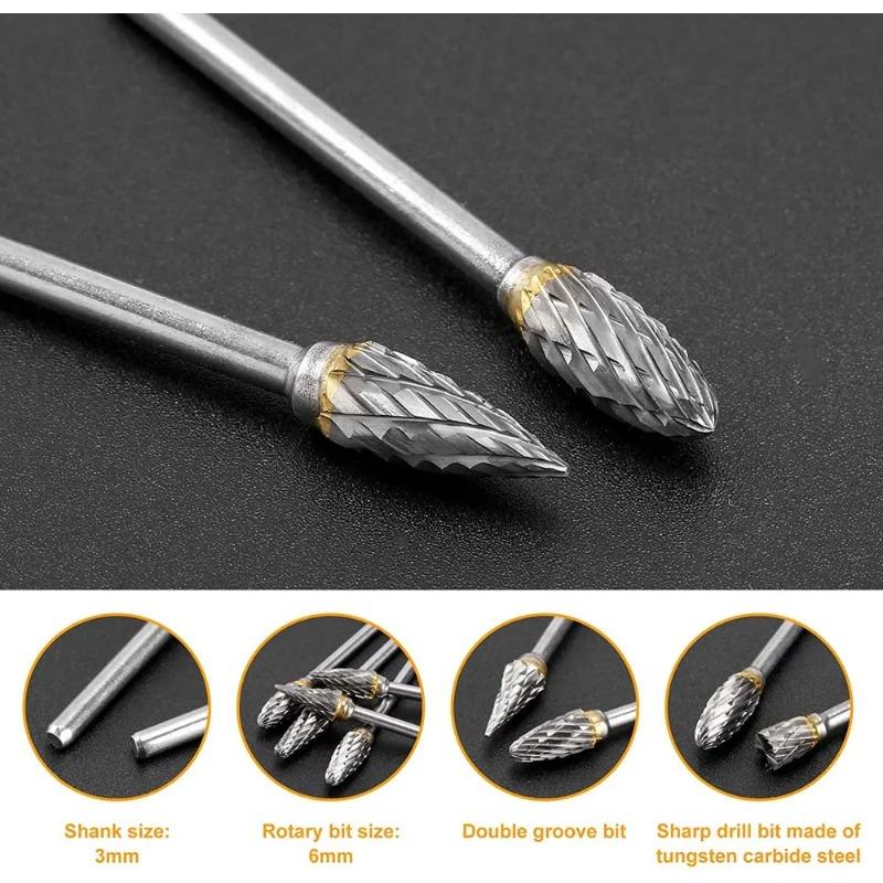 10pcs/set Tungsten Carbide Rotary Burr Set Carving Burr Bits with 3mm Shank 6mm Bit for Wood & Stone Carving, Steel Metal Working