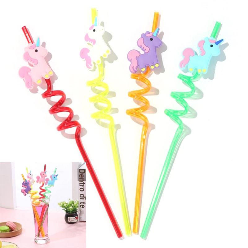 Pack of 4 Reusable Unicorns Straws Animal Theme Plastic Drinking Straw for Kid Baby Shower Birthday Party Supplies Gift