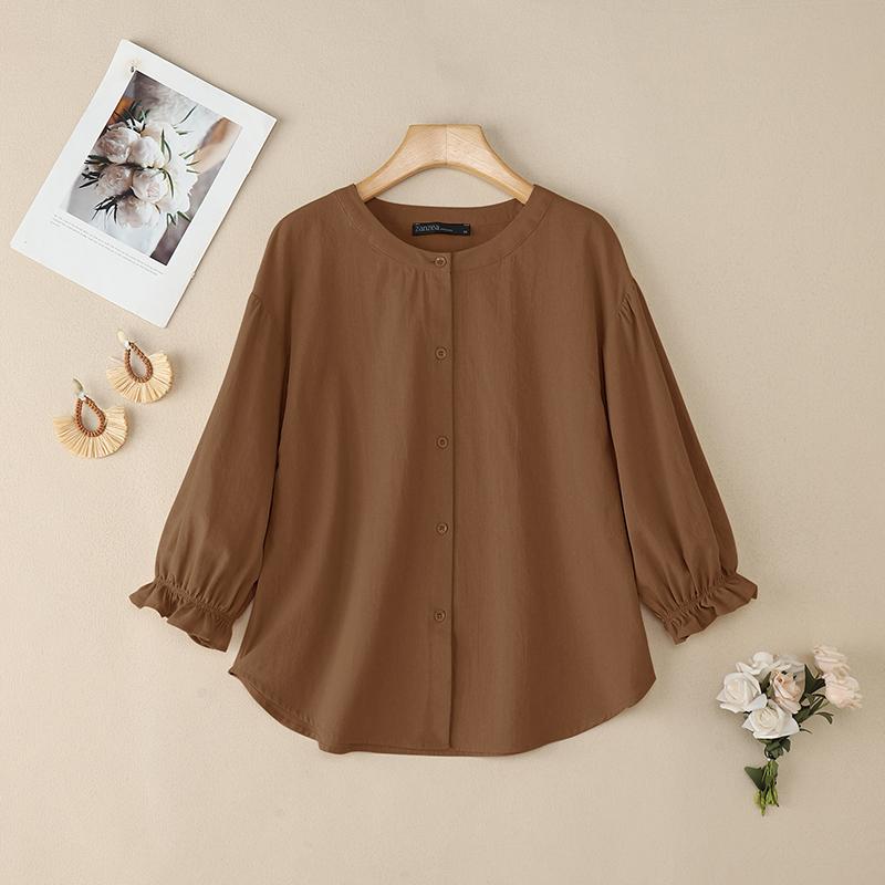 

ZANZEA Женская повседневная однотонная свободная блузка с круглым вырезом и рукавом 3/4 5XL светло-коричневого