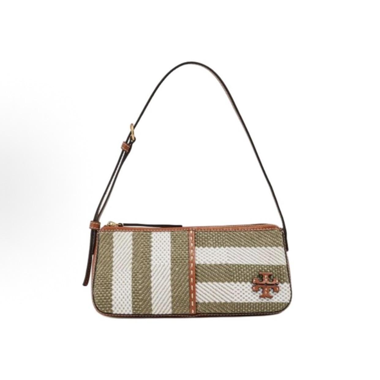 

TORY BURCH McGraw Striped Hand-Stitched Fabric and Leather Shoulder Bag Women s Ivory and Olive Green