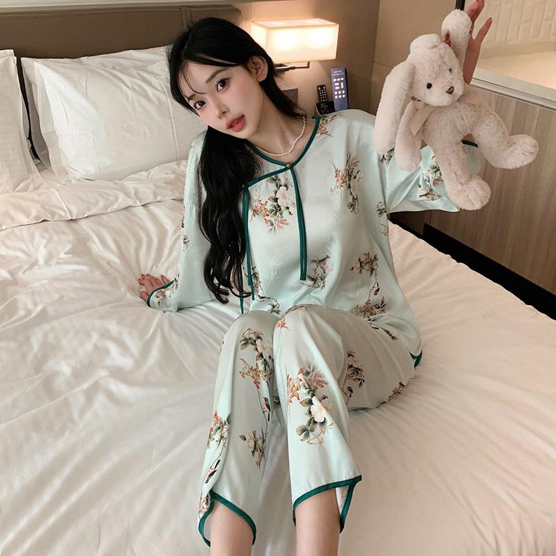 Women's pajamas new spring and summer ice silk comfortable and high-end new Chinese style loungewear set retro thin