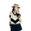 Trendy Knitted V-Neck Sweater: High-Quality, Color-Block Design with Letter Detailing, Perfect for Autumn and Winter.