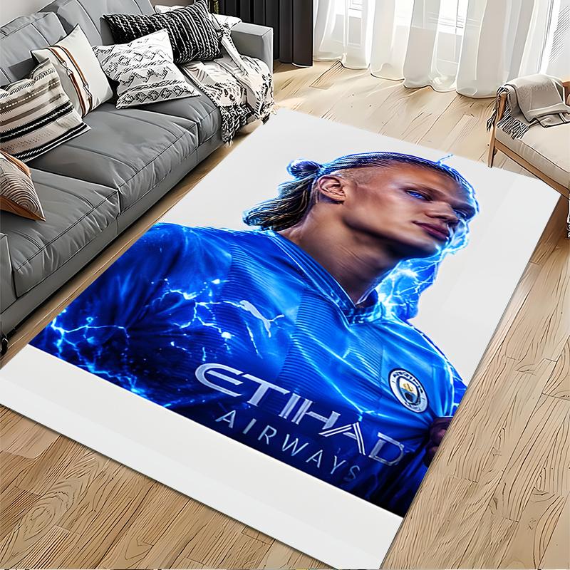 Sports Area Rug, Erling Haaland Manchester City Blue Lightning Etihad Poster, Fan Cave Decor, Non-Slip Mat