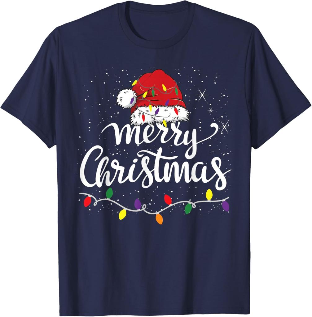 Merry Christmas Lights Red Santa Hat Xmas Family TShirt 100 Cotton ONeck Short Sleeve Summer Casual Mens Tshirt Streetwear