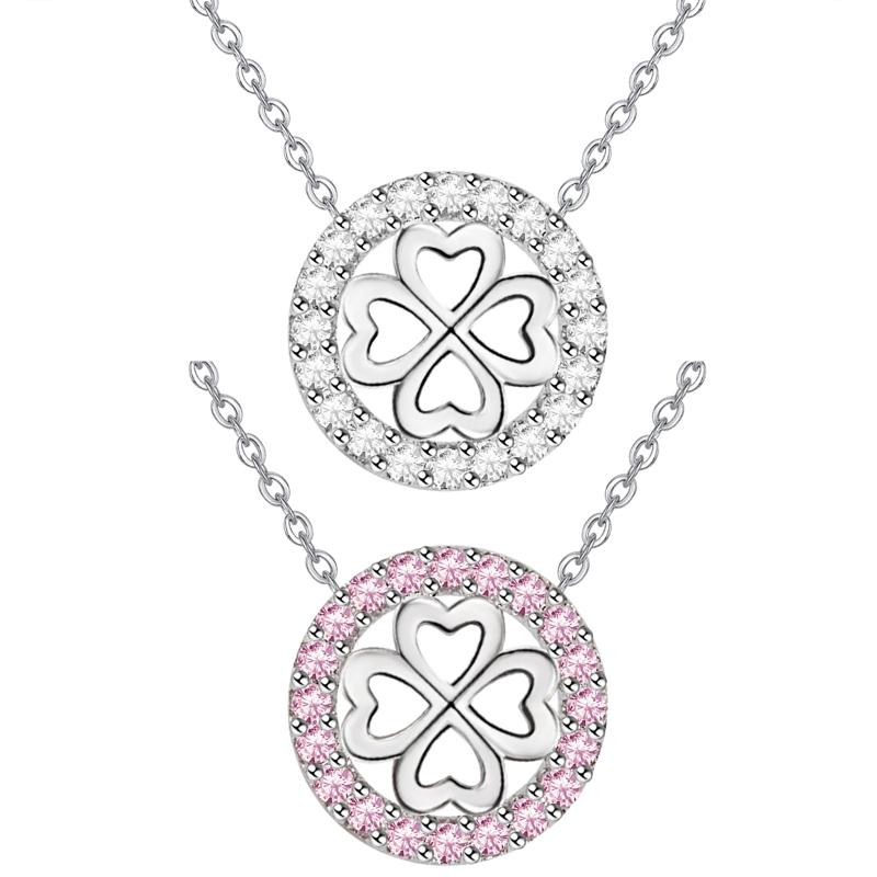 Ladies Fashion Jewelry High Quality White Pink Crystal Zircon Flower Leaf Pendant Four-leaf Clover Necklace Jewelry