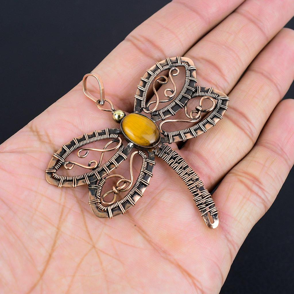Tiger's Eye 999 Copper Wire Wrapped Pendant, Handmade Gemstone Pendant , Gift For Mom Antique Jewelry