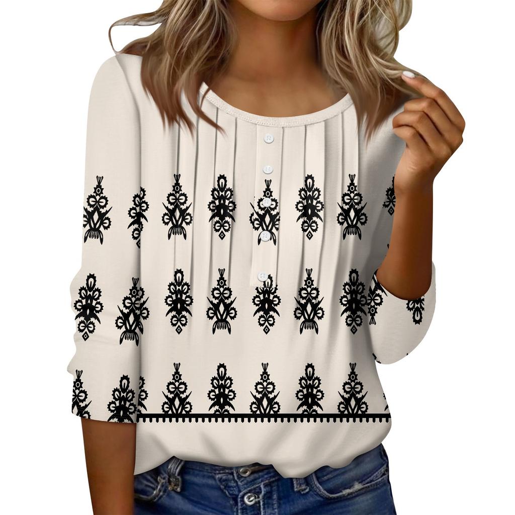 Women's Round Neck Pull Stripe Decorative Button Top Casual Solid Color 3/4 Sleeve T Shirt