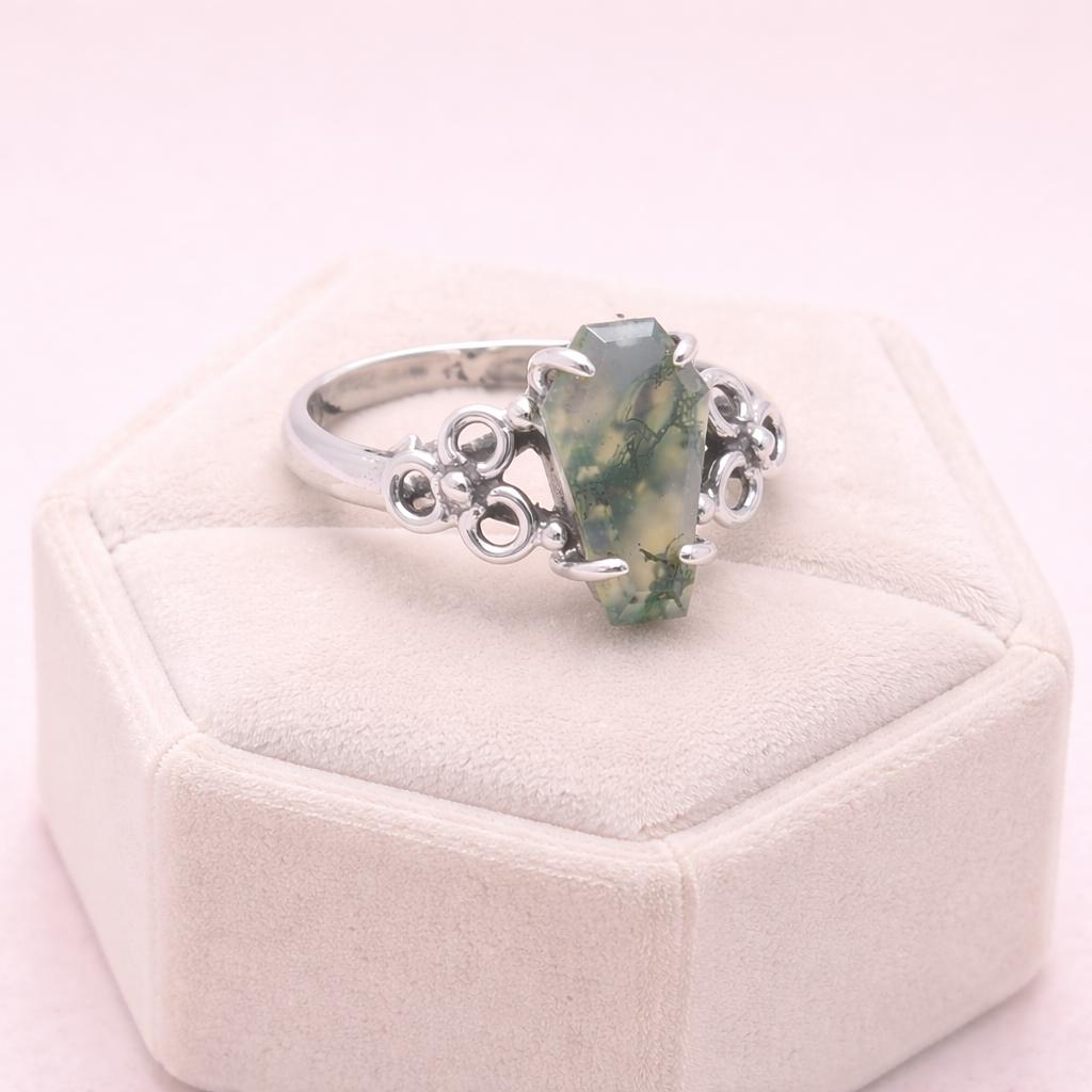 Moss Agate Coffin Ring Sterling Silver 925, Green Gemstone Statement Ring, Natural Moss Agate Boho Gothic Ring