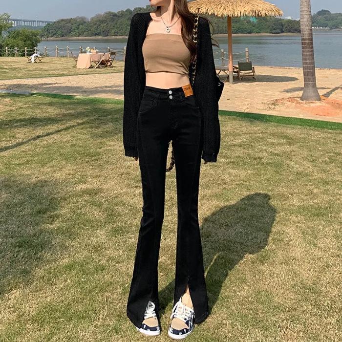 Spring 2025 Women’s High-Waist Elastic Flared Jeans: Slim, Slit-Style, All-Match Design