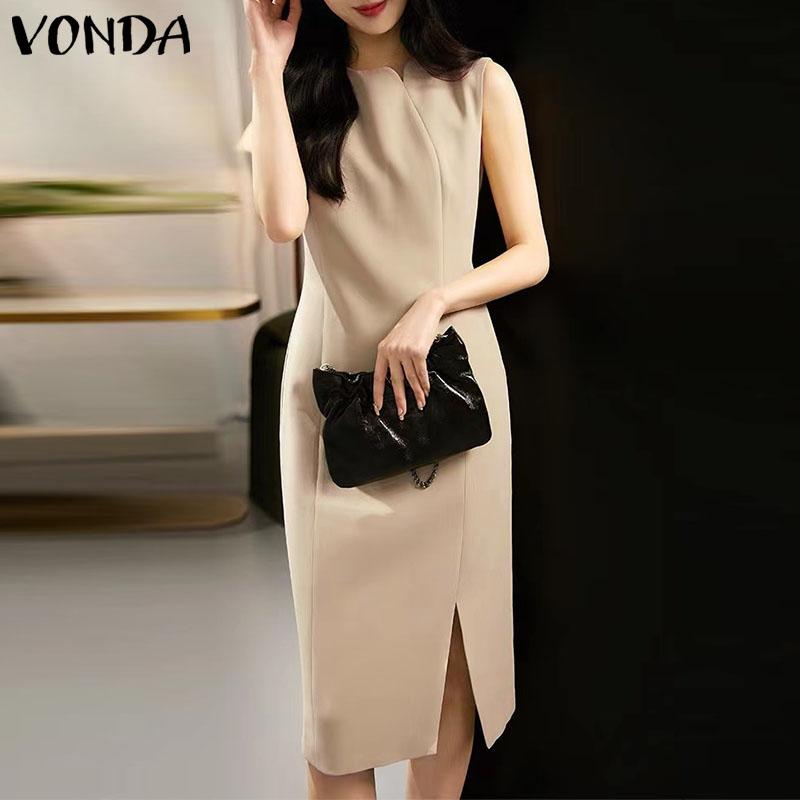

VONDA женское летнее однотонное платье миди без рукавов с круглым вырезом и талией