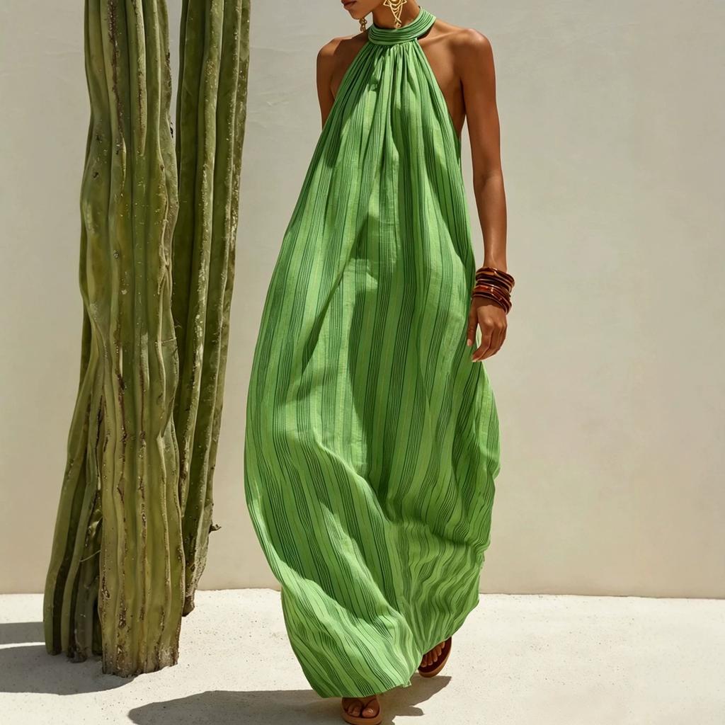 2026 New Popular Neck Striped Dress Holiday Style European and American Ins Style Spring and Summer Loose Drape Dress