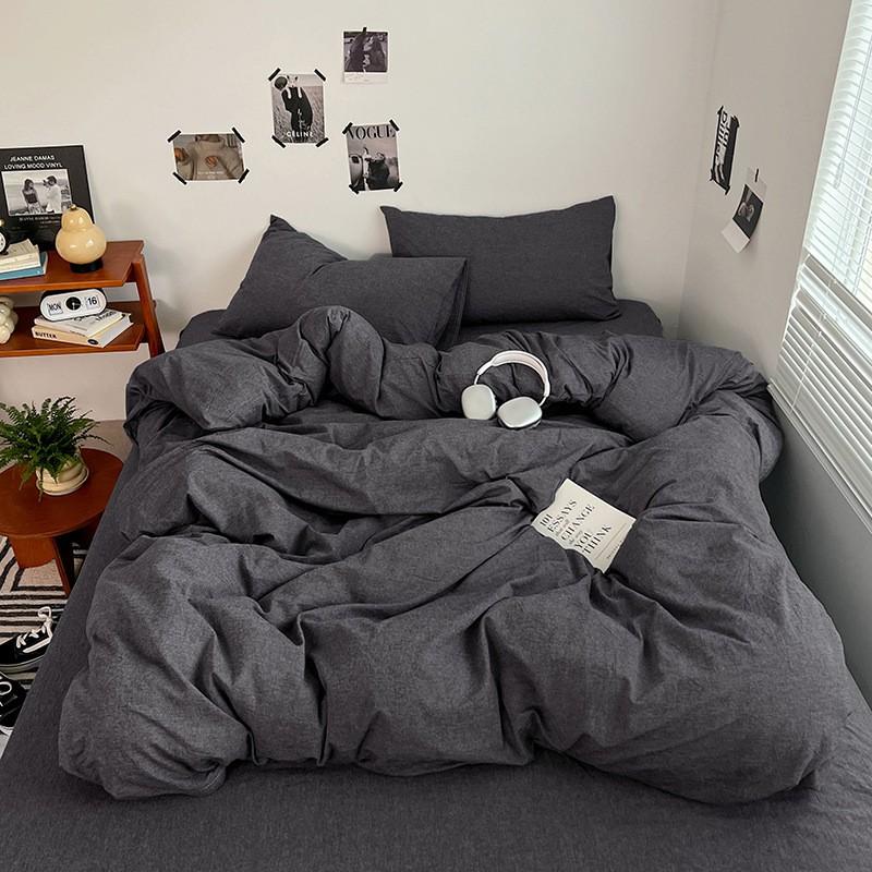 Washed Cotton Bedding Set Solid Color Brushed Bed Sheets Dorm Home