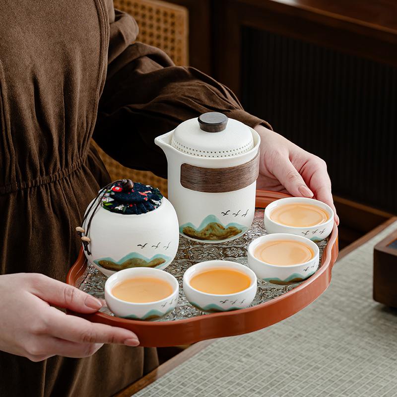 Guochao Qingshan Coarse Pottery Outdoor Camping Tea Set, Living Room Office Meeting Guests Tea Set, the Company Opened for Printing