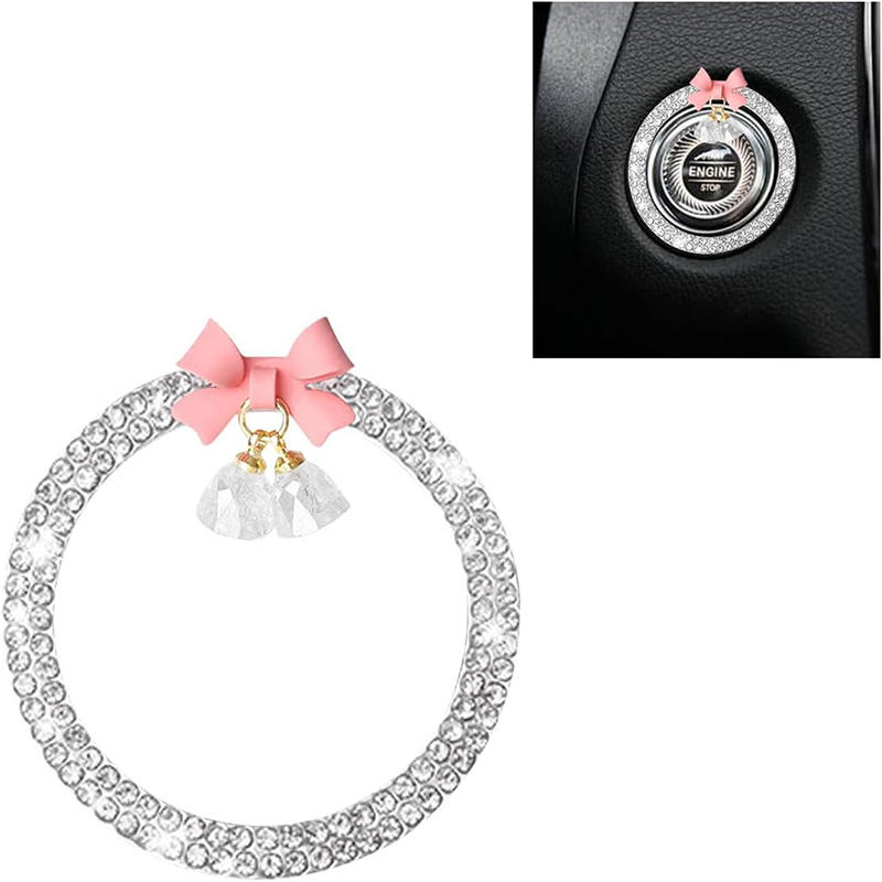Rhinestone Bow Bell Car Start Switch Button Auto Decorative Diamond Stickers Ring Circle Trims Protective Cover Car Accessories